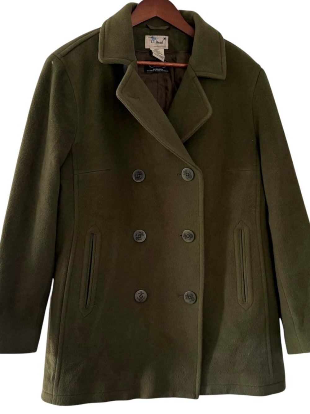 LL Bean Dress Pea Coat Size 2X Olive Green 100% Wool Double Breasted Jacket